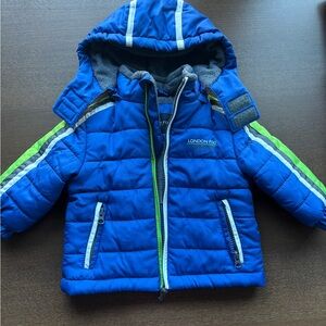 London Fog Blue Puffer Jacket with Lime and White Stripes